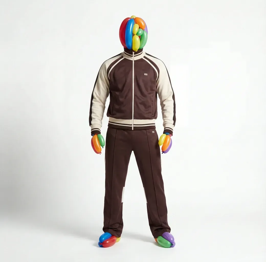 The same tracksuit on a figure whose head, hands and feet are made of twisted rainbow balloons.
