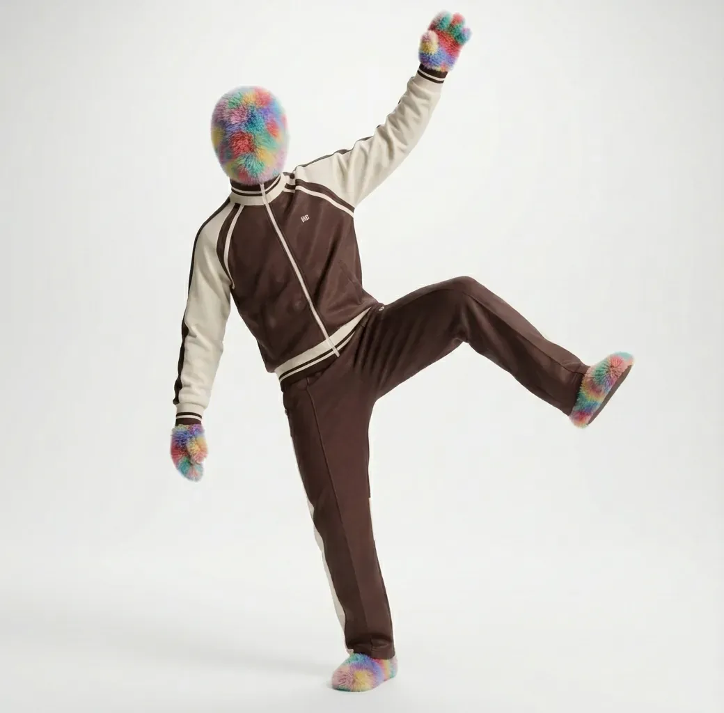 A headless figure in a brown and cream tracksuit mid-kick, with rainbow fur for a head, hands and feet.
