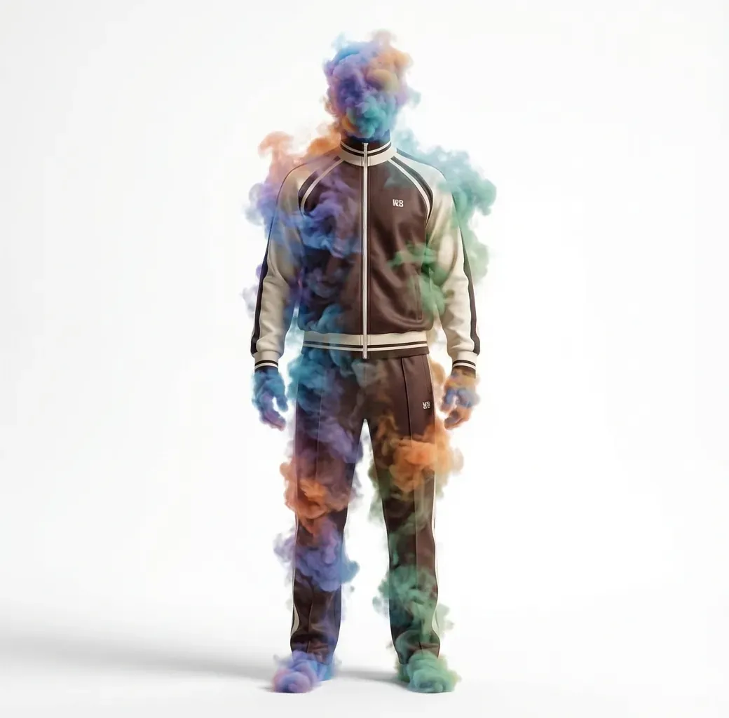 The same tracksuit on a figure made of drifting blue, orange and green smoke.