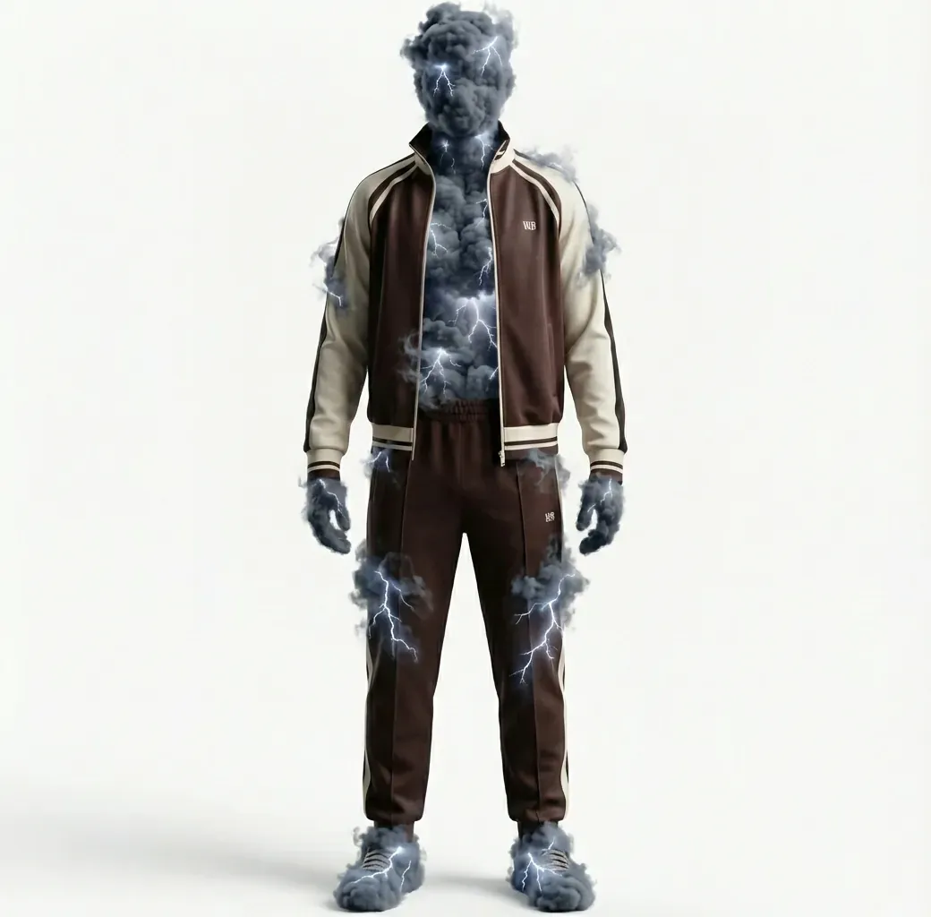 The same tracksuit, jacket open, on a figure made of storm clouds with lightning.